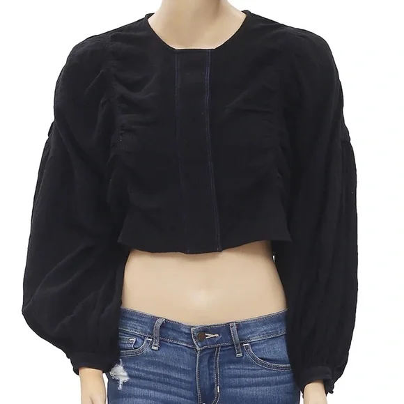 Free People Day Dreaming Black Button Front Balloon Sleeve Blouse Top FLAWED - Picture 3 of 11